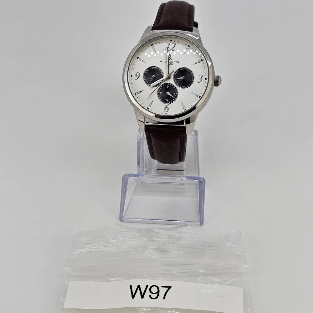 Men's Watch 40MM White Dial Day‎ Date New Brown Leather Bands New Battery